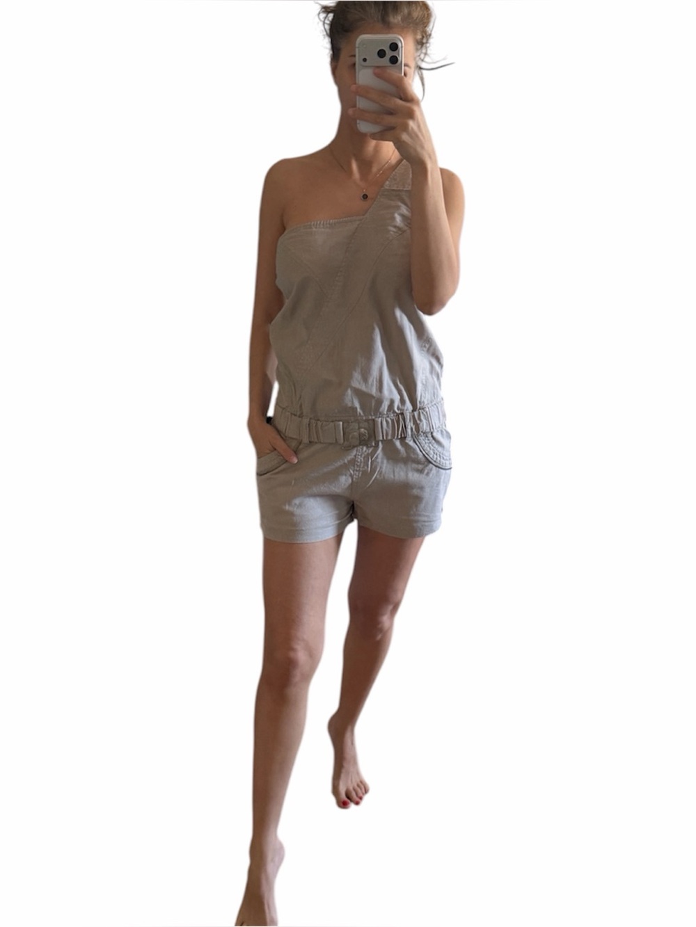 Vintage Apple Bottoms linen Tan One-Shoulder Romper Belt Buckle y2k size 9/10 S